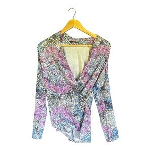 J. McLaughlin Blue and Purple Faux Wrap Patterned Top Size M